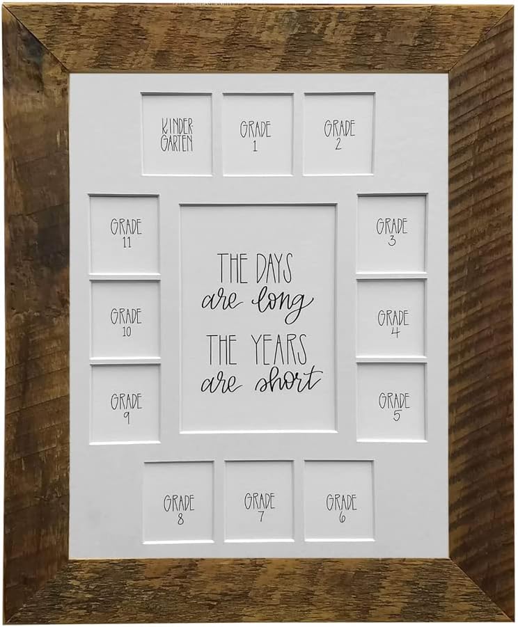 All Things For Mom School Years Reclaimed Wood Picture Frame with Mat - 11x14 Wooden Framed - Pre-School & Kindergarten to 12th Grade High School Graduation (15 Photos, 1PreK - 12th, White Mat)