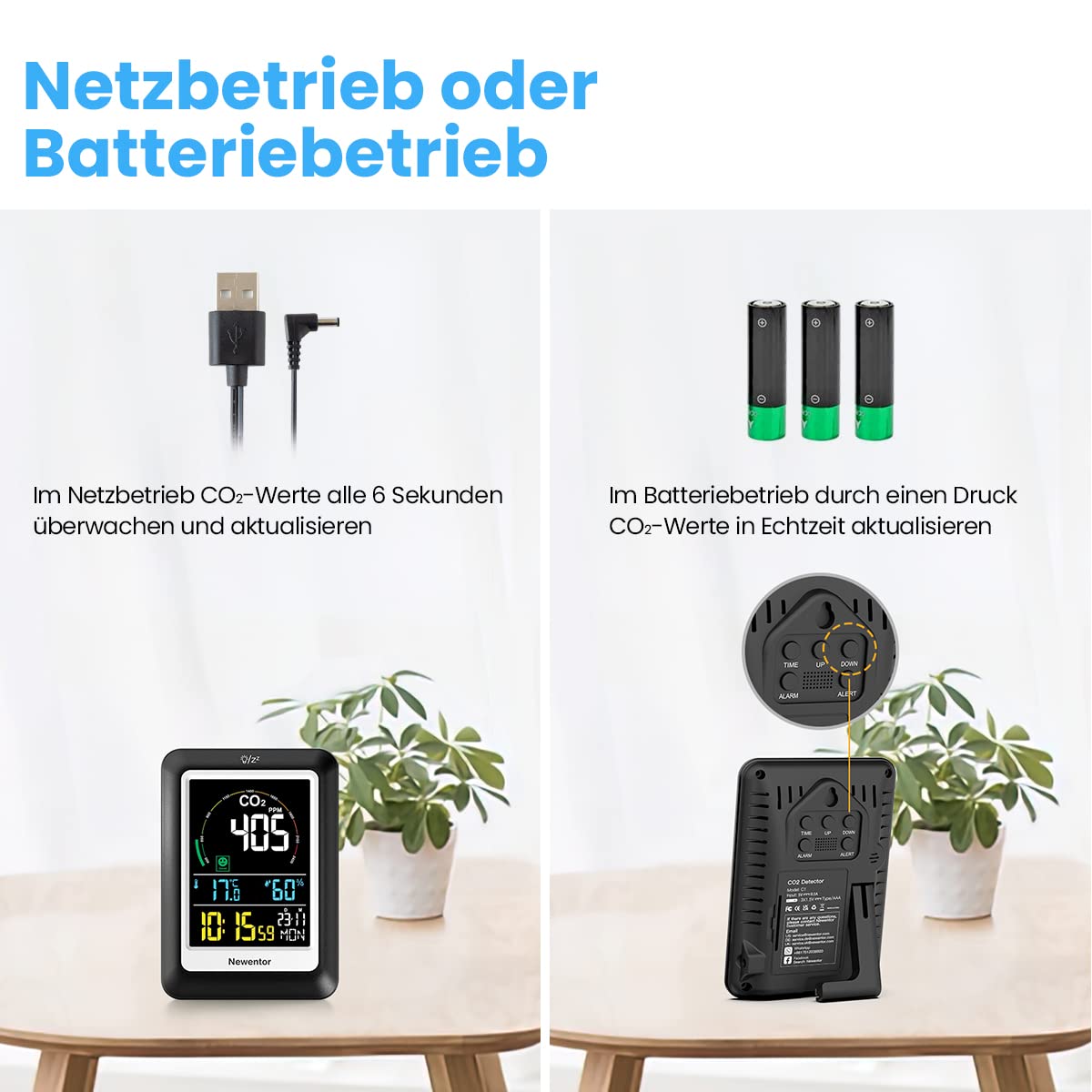 Newentor CO2 Messgerät, NDIR, 4 CO2-Konzentrationsstufen mit Alarm, Batteriebetrieb & USB-Anschluss, Schwarz