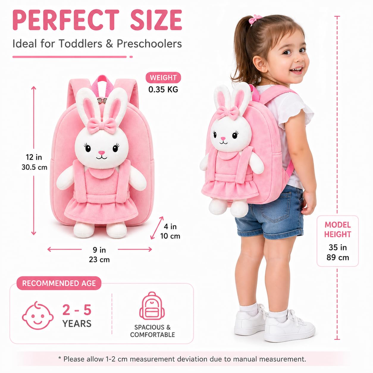 LUXIVA Cute Bunny Plush Backpack for Kids (2–5 Years) | Soft Toy School Bag for Boys & Girls | Lightweight Nursery Travel Backpack | Mini Toddler Bag with Zipper Pocket