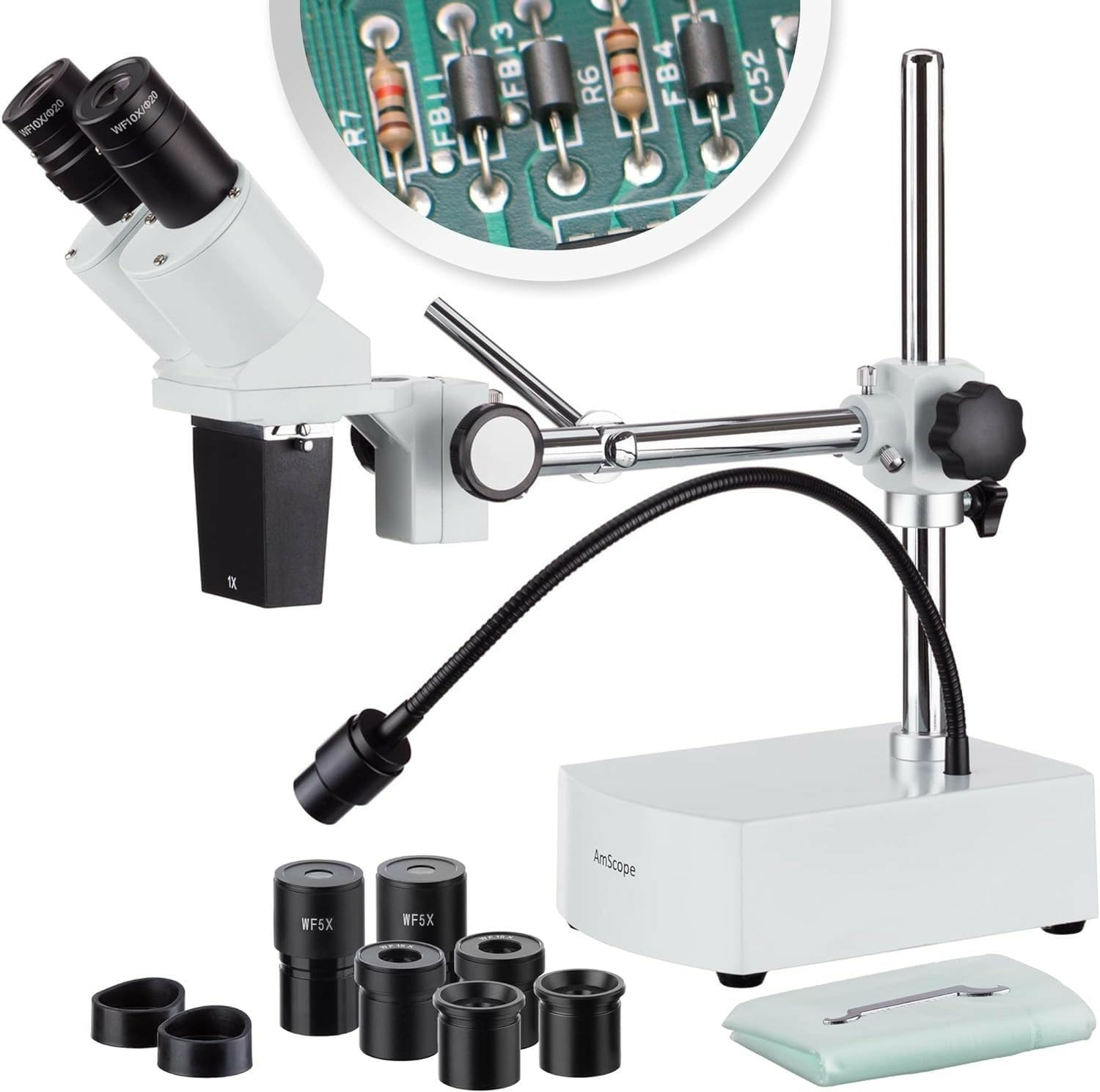 AmScope SE400-XYZ Professional Binocular Stereo Microscope, WF5x/WF10x/WF15x/WF20x Eyepieces, 5X/10X/15X/20X Magnifications, 1X Objective, LED Lighting, Boom-Arm Stand, 110V-120V