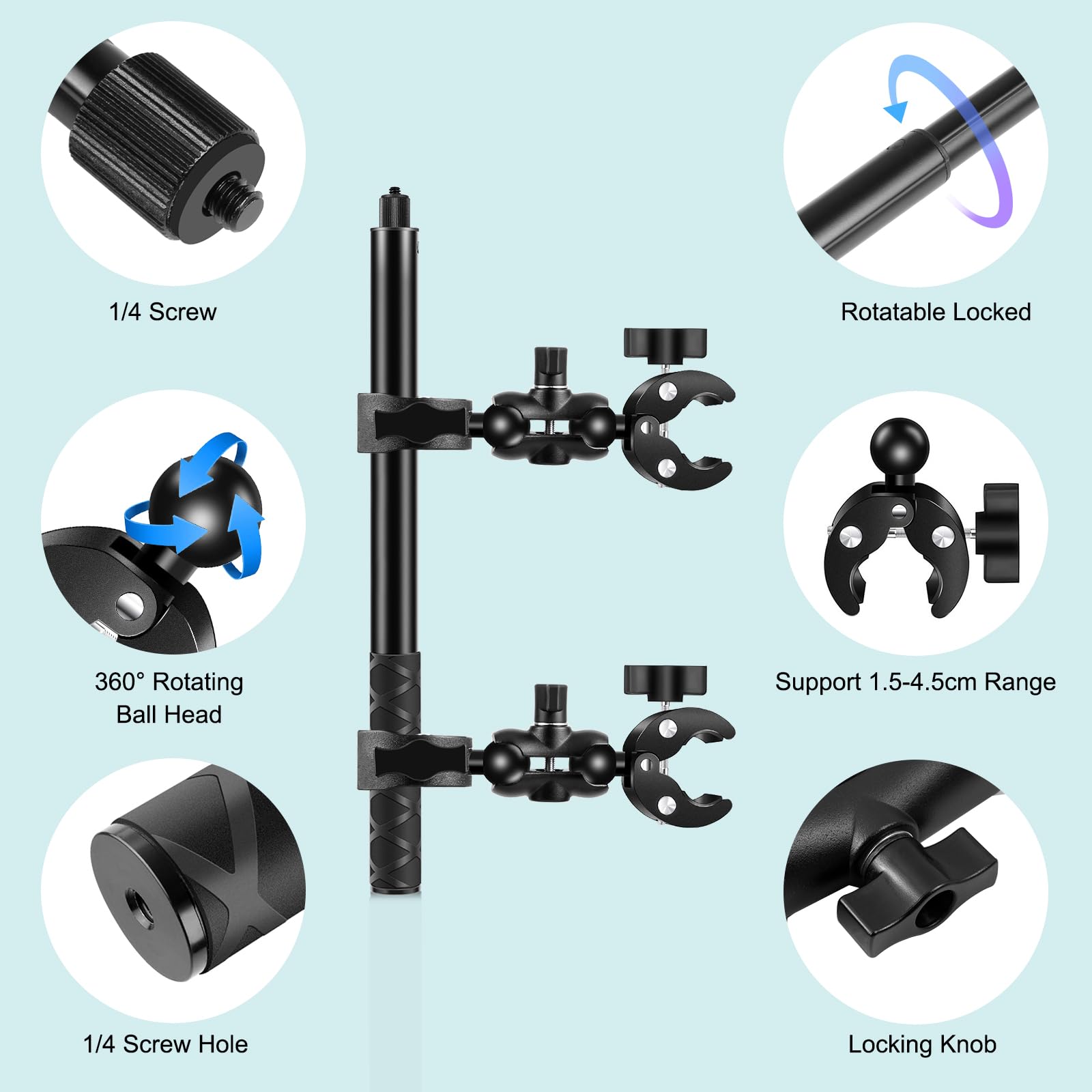 PULUZ Supporto per fotocamera da moto con 2 granchi a doppia testa e bastone per selfie da 150 cm, set per riprese in prima persona, supporto per manubrio bicicletta Insta360 X4 X3 X2 ONE RS R ace