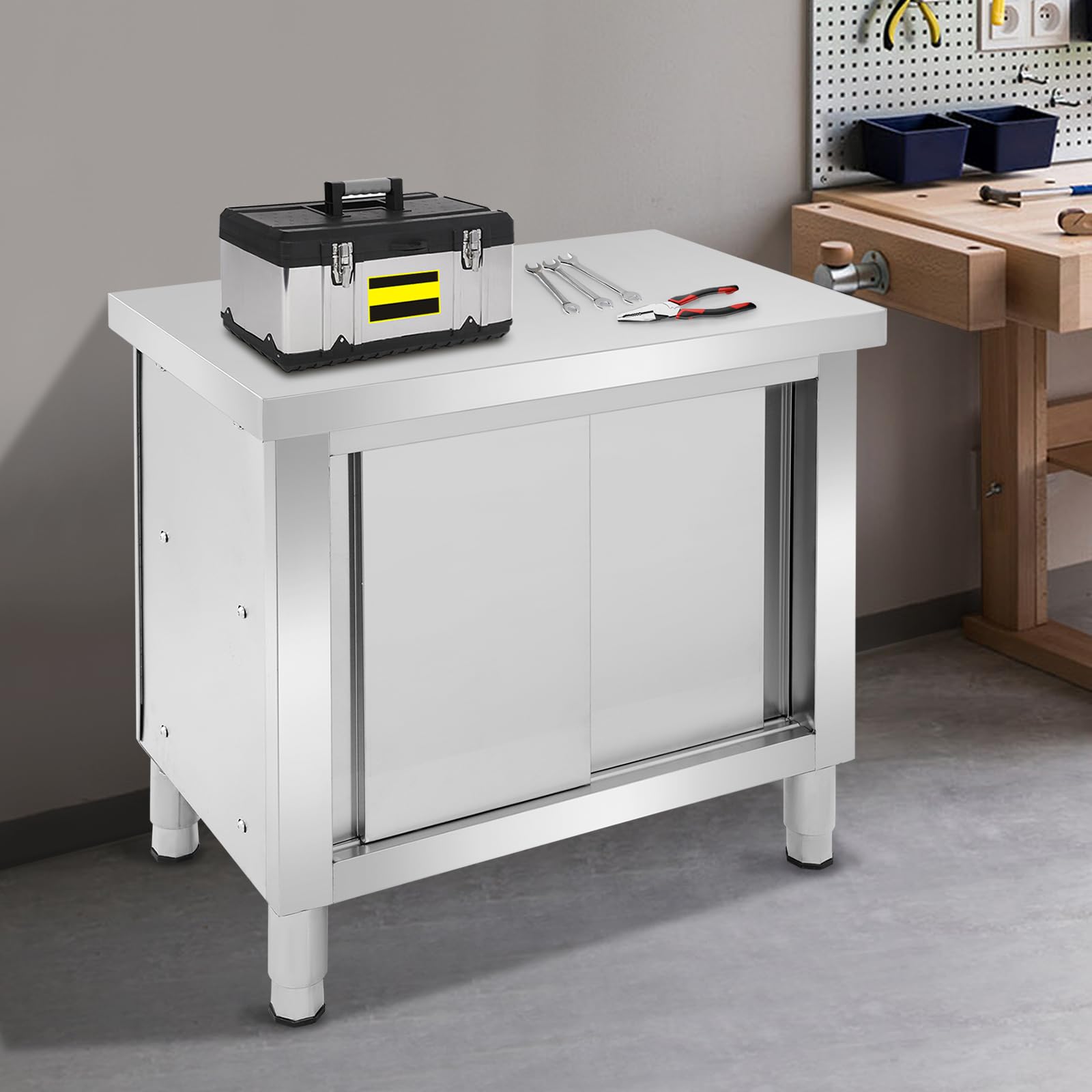 armadio in acciaio inox con ante scorrevoli, tavolo da cucina in acciaio inox per uso esterno, tavolo da lavoro indipendente per cucina da ristorante, garage e cucina (80 * 50 * 80 cm)