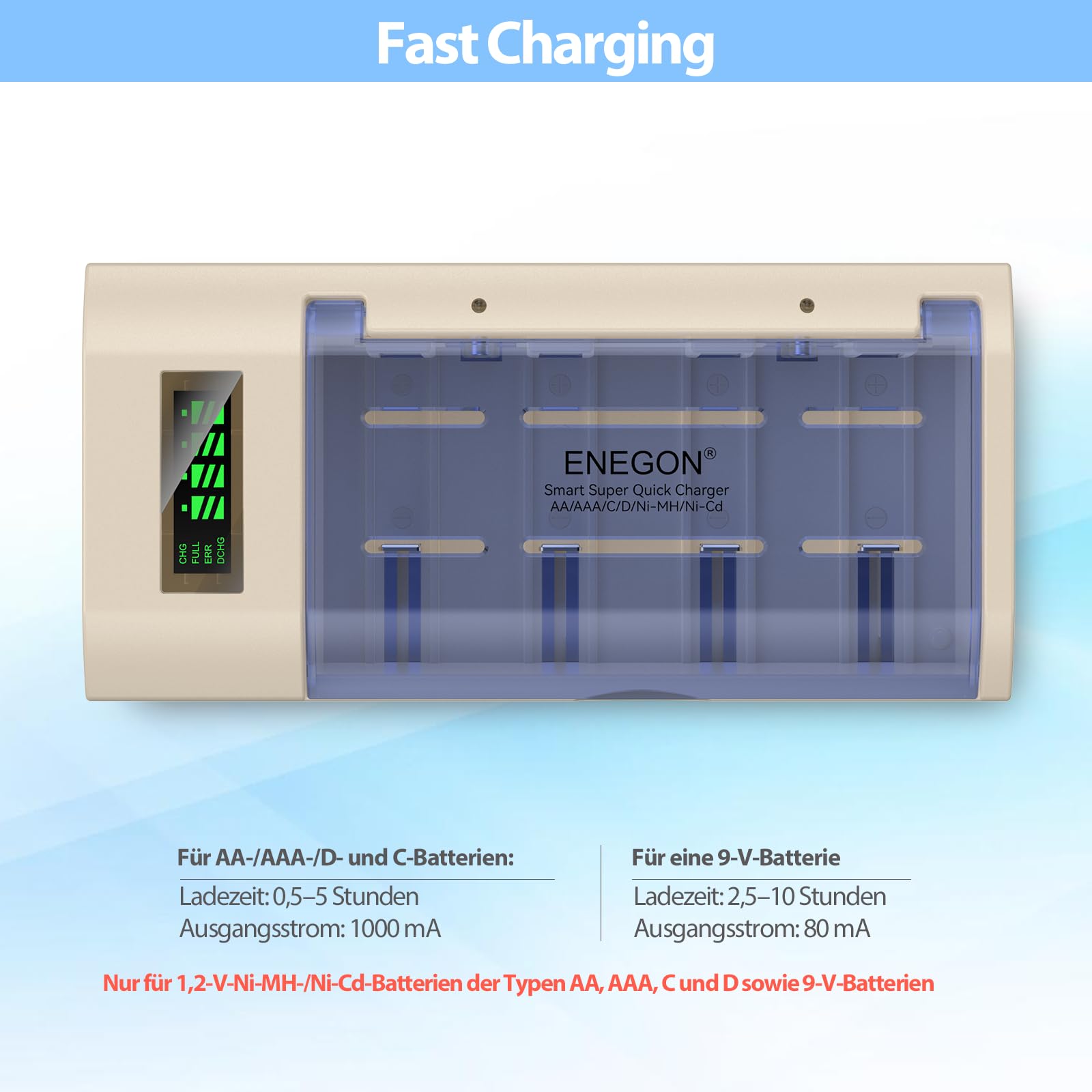 ENEGON Batterie Ladegerät–Universal Akku Ladegerät & Battery Charger für AA/AAA/C/D/9V NiMH/NiCD wiederaufladbare Batterien –mit LCD Display, Entladefunktion und 4 Ladeschächten(Kein Adapter)