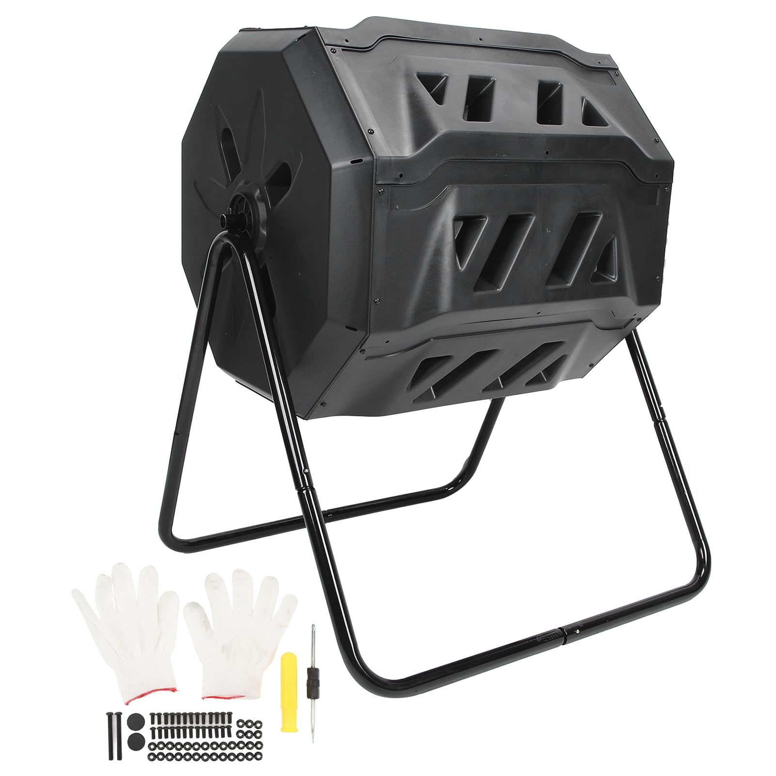 Compostador exterior, bandeja de compost giratoria de doble compartimento de plástico PP con marco de hierro, para residuos de cocina y compostaje de patio