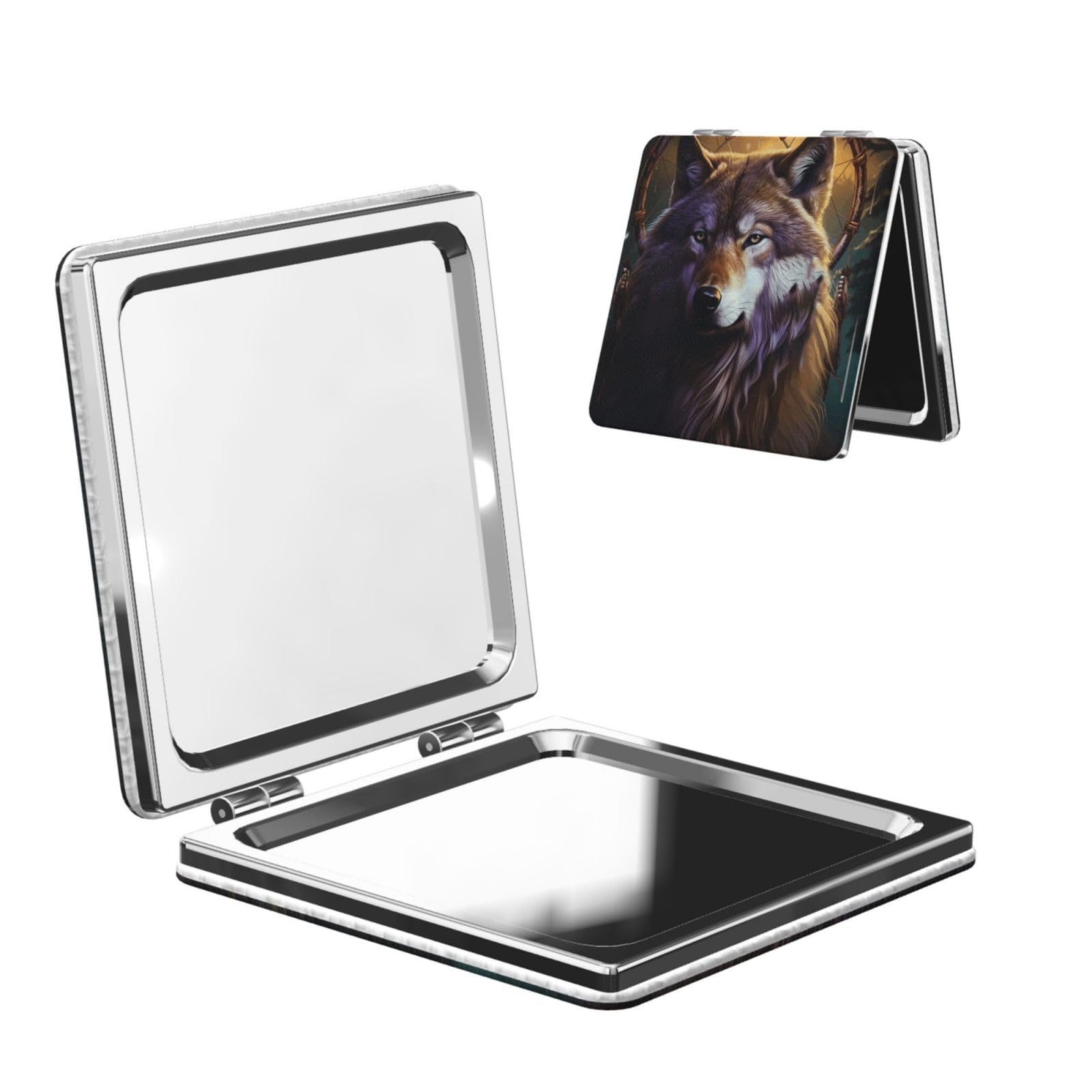 DWVTSLH Wolves and Dream Catchers Compact Mirror for Purse, Double-Sided 2X/1X Magnifying Mirror for Women Men, Travel Makeup Mirror for Handbag, Handheld Vanity Mirror for Gift