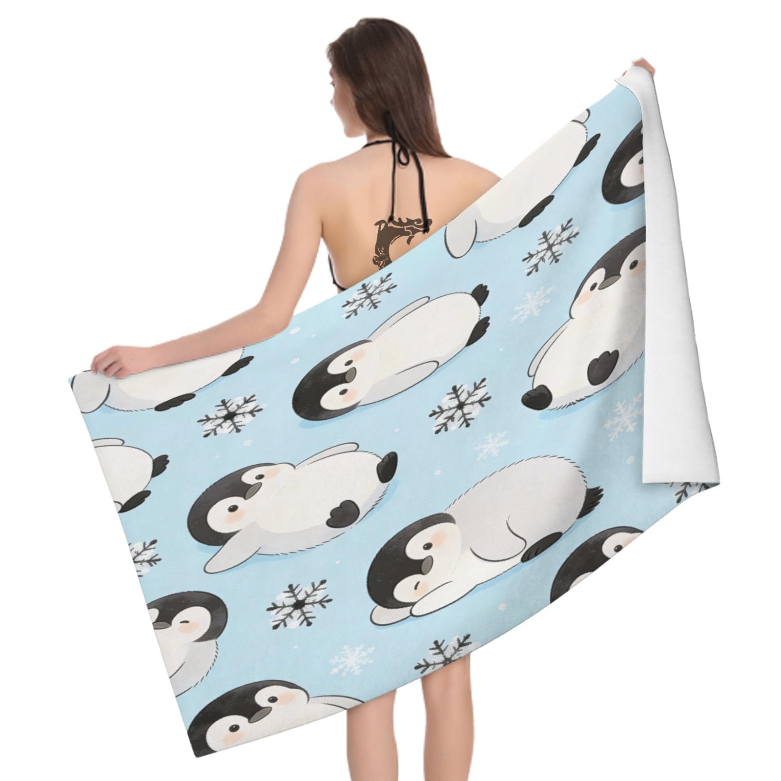 Leichong 3D Penguin Print Beach Towel Large Microfiber Soft Quick Dry for Adults, Snowflake Bath Towel Lightweight Soft Absorbent for Travel Swimming Pool Sports, 180 x 90 cm