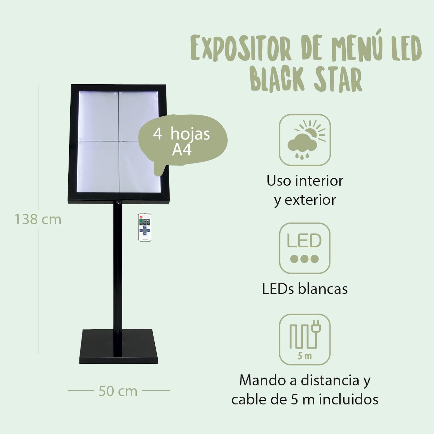 SECURIT - Porta folletos Exterior con Iluminación LED "Black Star" - Con Marco A2 + Poste + Base + Cable de 5 m + Mando a Distancia - En Acero - Restaurante, Cafetería, Bar - Negro | Marco A2 + Poste + Base + Cable de 5 m + Mando a Distancia - Acero - Res
