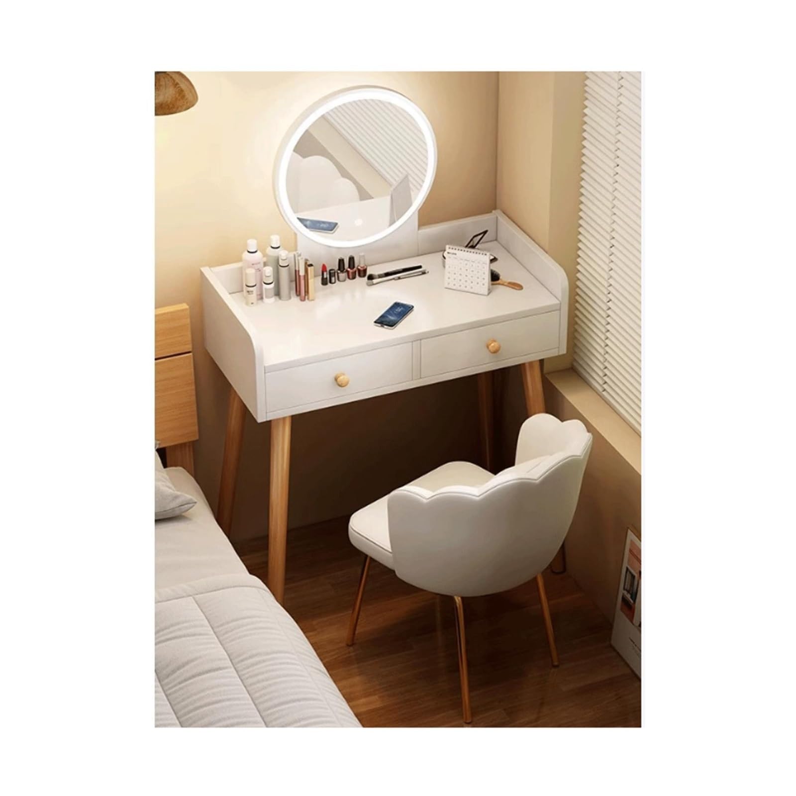 TABOJS Schminktisch, Schminktisch mit rundem Spiegel und Lichtern, Schminktisch-Set mit Schubladen, Schminktisch für Schlafzimmer (grau-weiß), Schminktisch (weiß, 60 cm)