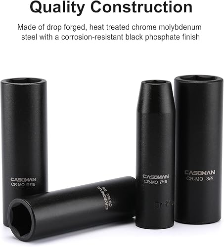Miniatura 5 de CASOMAN Juego de llaves de impacto profundo de 12 pulgada, juego de 13 piezas, 716"-1-14", CR-MO, SAE, estuche de almacenamiento resistente