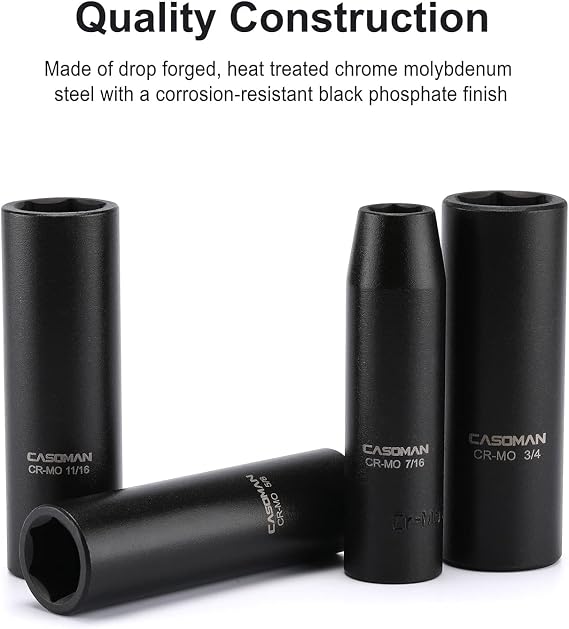CASOMAN 1/2-Inch Drive Deep Impact Socket Set, 13 Pieces Set, 7/16-1-1/4, CR-MO, SAE, Heavy Duty Storage Case