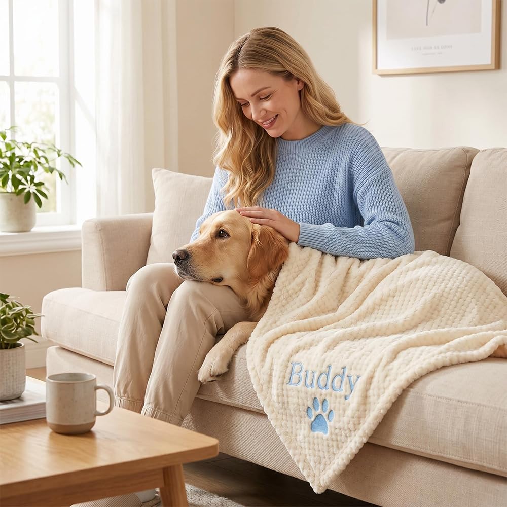 Plaid Chien Personnalisée pour Chien avec Son Nom, Couverture sur Mesure pour Animaux de Compagnie avec Nom et Empreinte, Motifs au Choix, Protection Canapé Fauteuil, Confortable