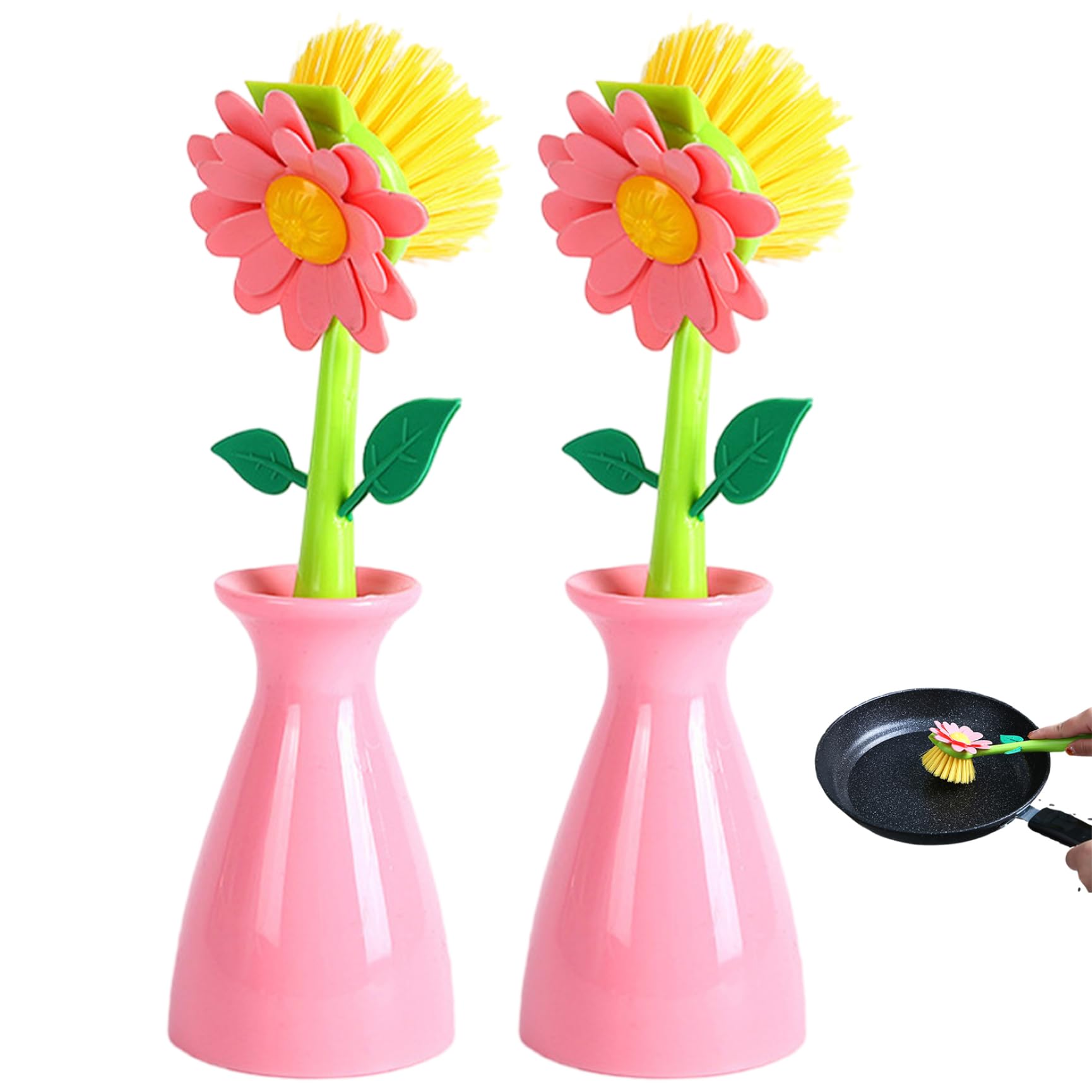 Latemeia 2Pcs 2-Pack Dish Brush With Holder, Flower Shaped Kitchen Sink Brush With Long Handle, Non-Scratch Pot Scrubber For Dishes & Pans, Decoraciones Interiores