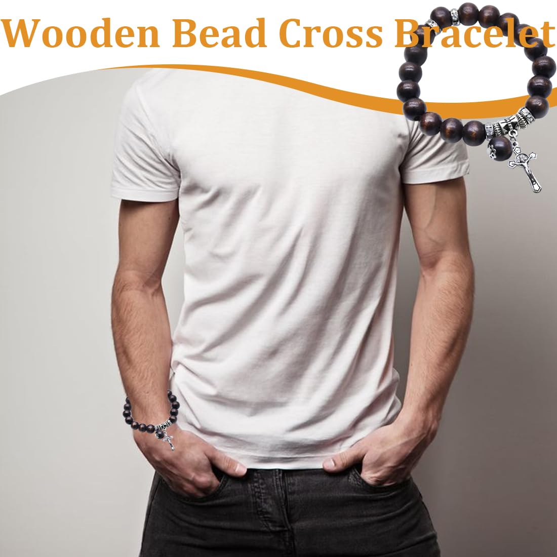 Perle in Legno per Rosario Cattolico con Croce in Bronzo Placcatura Bracciale Uomo Donna Marrone scuro