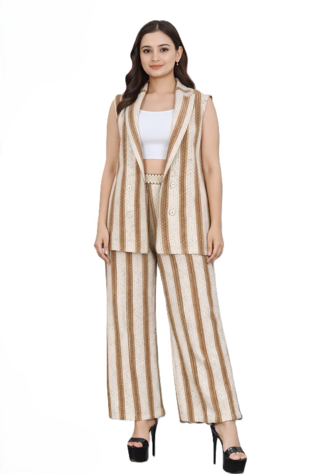 LIPLI Women's Striped Co-ord Set, Sleeveless Blazer with Wide Leg Pants, Brown and White, Double Breasted-picture-29