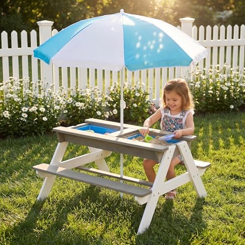 Wooden Kids Picnic Table, Sand and Water Table with Umbrella, Activity Table for Outdoor Backyard Patio Play