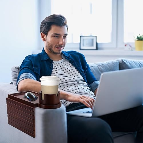 Miniatura 6 de aisongdong Bandeja Portavasos para Sofá - Mesa de Brazo de Sofá 3 en 1 con Soporte Giratorio de 360 para Teléfono, Bandeja de Brazo de Sofá Plegable