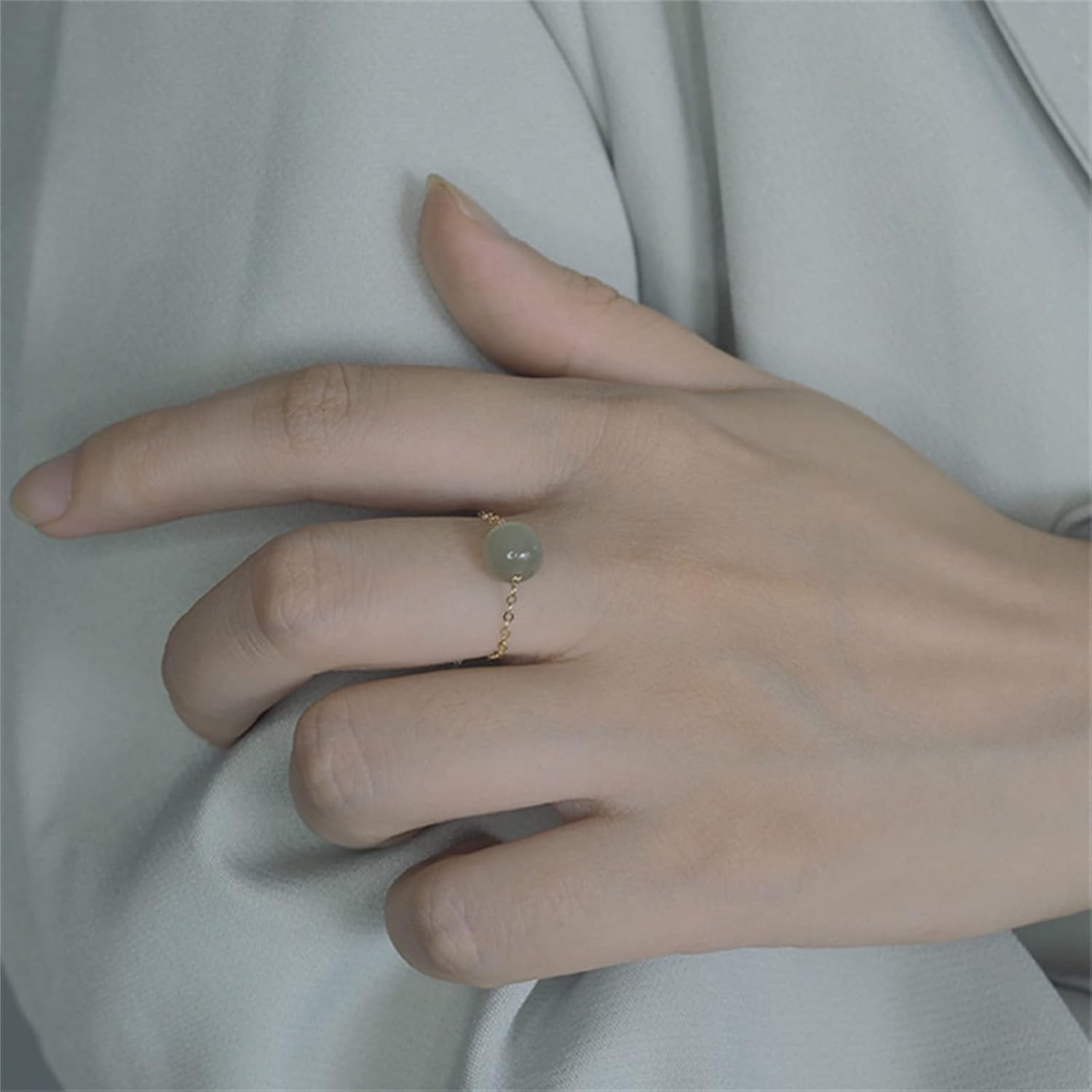 Natural Hetian Jade Ring, Adjustable Band Beads Charm Ring Jewelry, Green Jade Rings for Women, Handmade Ring Gift for Women, Great Gift Idea (925 Sterling Silver with 14K Gold Plated) - Image 2