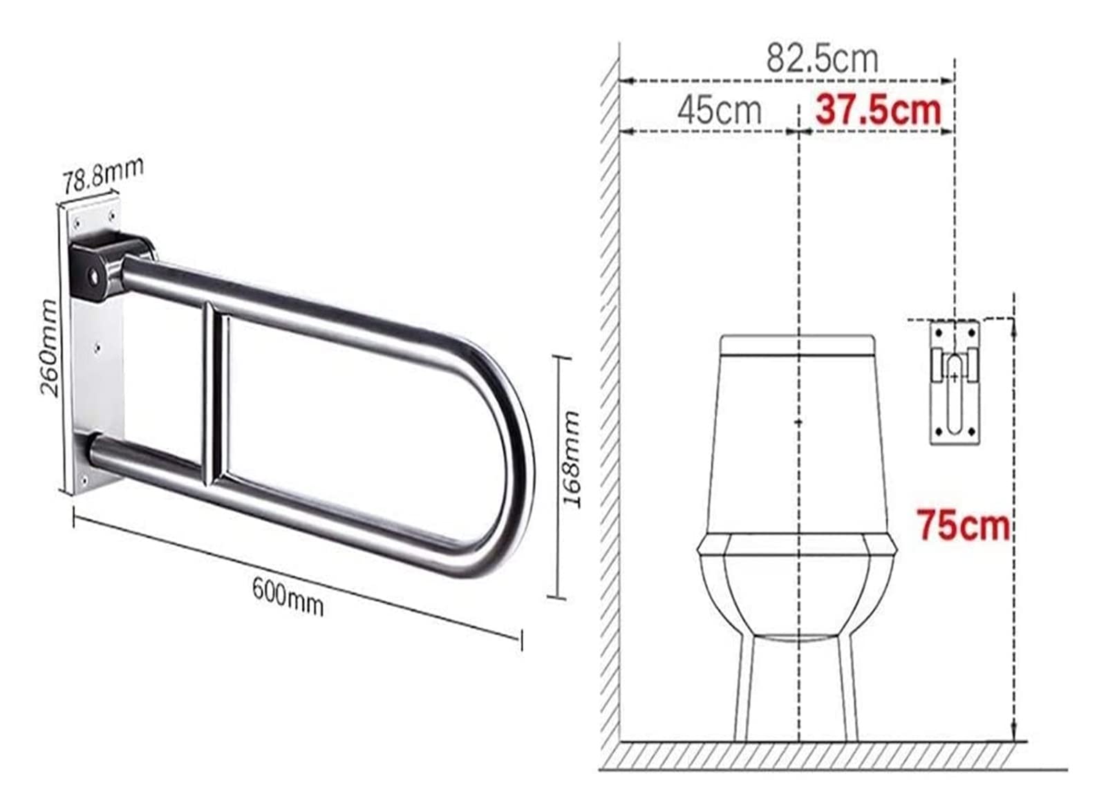 Barras de Apoyo, pasamanos, barandilla de Inodoro de Acero Inoxidable para Montaje en Pared, Asiento Plegable de Seguridad en Forma de U abatible.