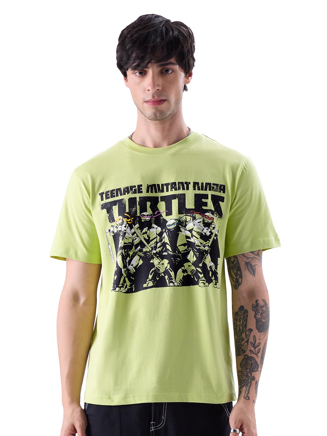 The Souled StoreOfficial TMNT: The Squad Mens Regular Fit Half Sleeve Graphic Printed Cotton Off Green Color T-Shirt