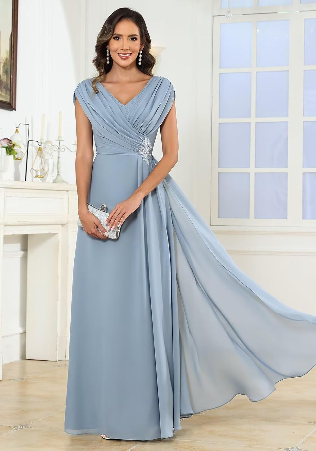 Cap Sleeves Mother of The Bride Dresses for Wedding Chiffon Long Applique Formal Evening Dress - Image 4