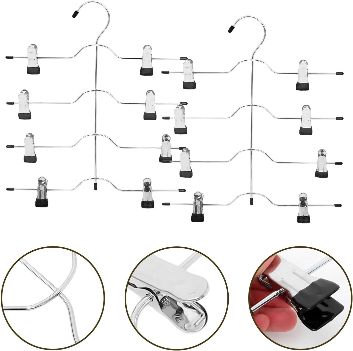 4-Tier Pants Hangers with Clips, Space-Saving Multi-Functional Skirt and Pants Rack, Non-Slip Black Clothes Hanger Set for Women’s Closet Organization