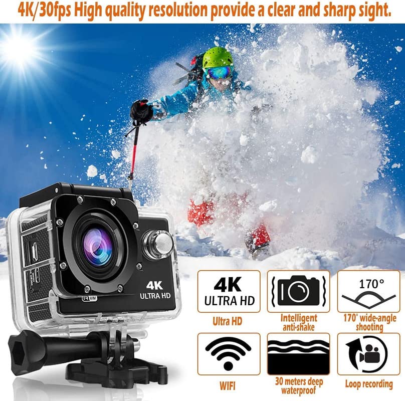 ZuZu, move for more better. Intelligent Newly Upgraded 4K Action Camera Ultra HD Underwater Waterproof Camera with Adjustable Tripod (Black) 4