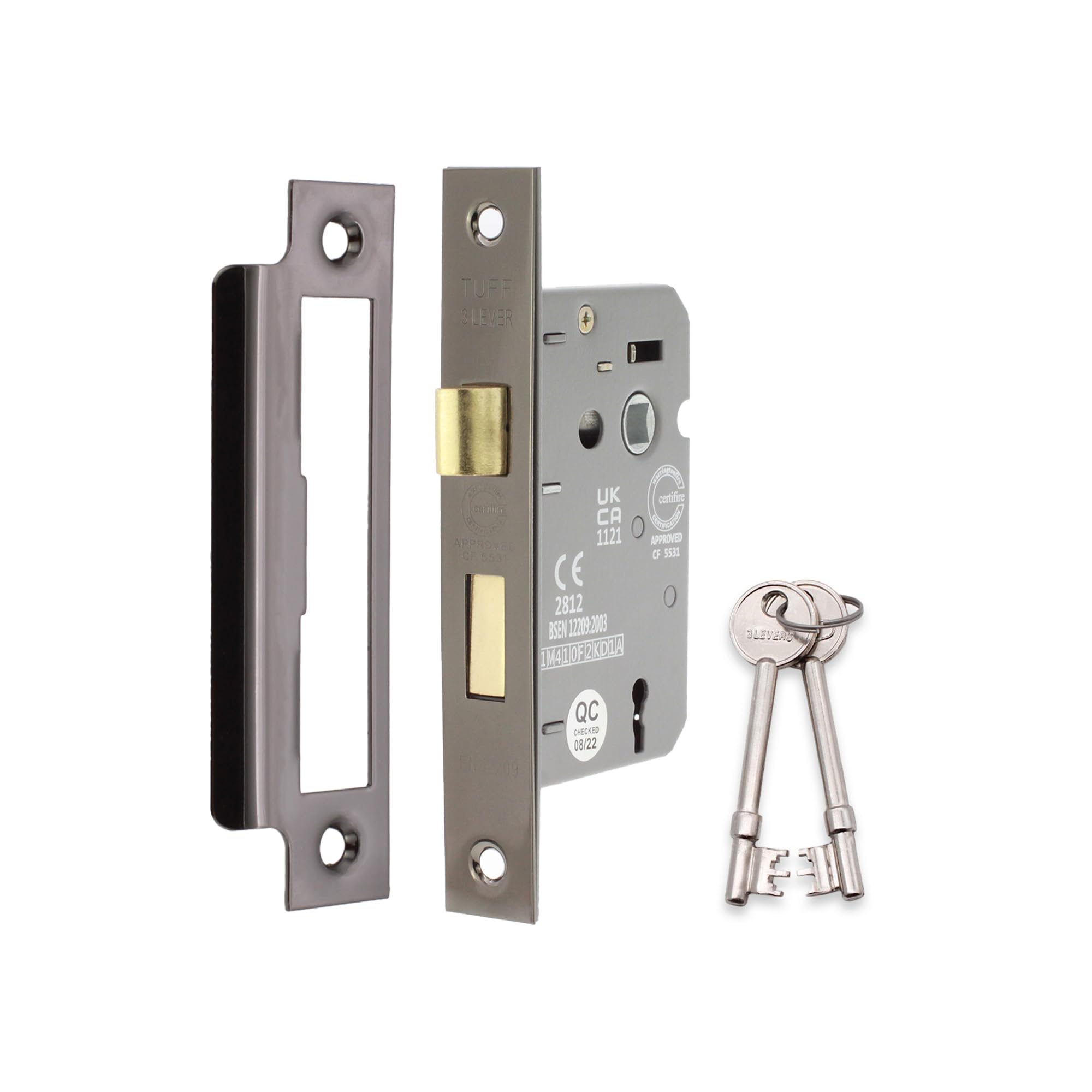Infinity Decor 63mm & 75mm Mortice Sash Lock with Reversible Catch & Key for Internal & External Doors - Warrington Certified & Fire Protected. (Black Nickel, 63mm)