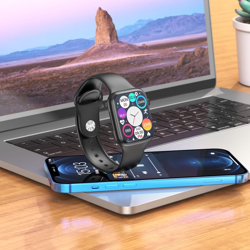 HOCO Smart Watch Y5 placed next to a laptop and smartphone, illustrating connectivity