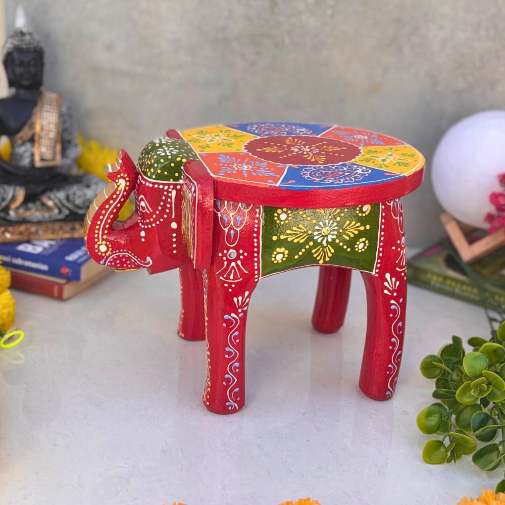 Handcrafted Wooden Elephant Stool | Decorative Hand Painted Elephant Table | Multipurpose Small Stool for Living Room, Mandir Chowki, Plant Stand & Home Decor | Traditional Rajasthani Art 8 inch-image-12