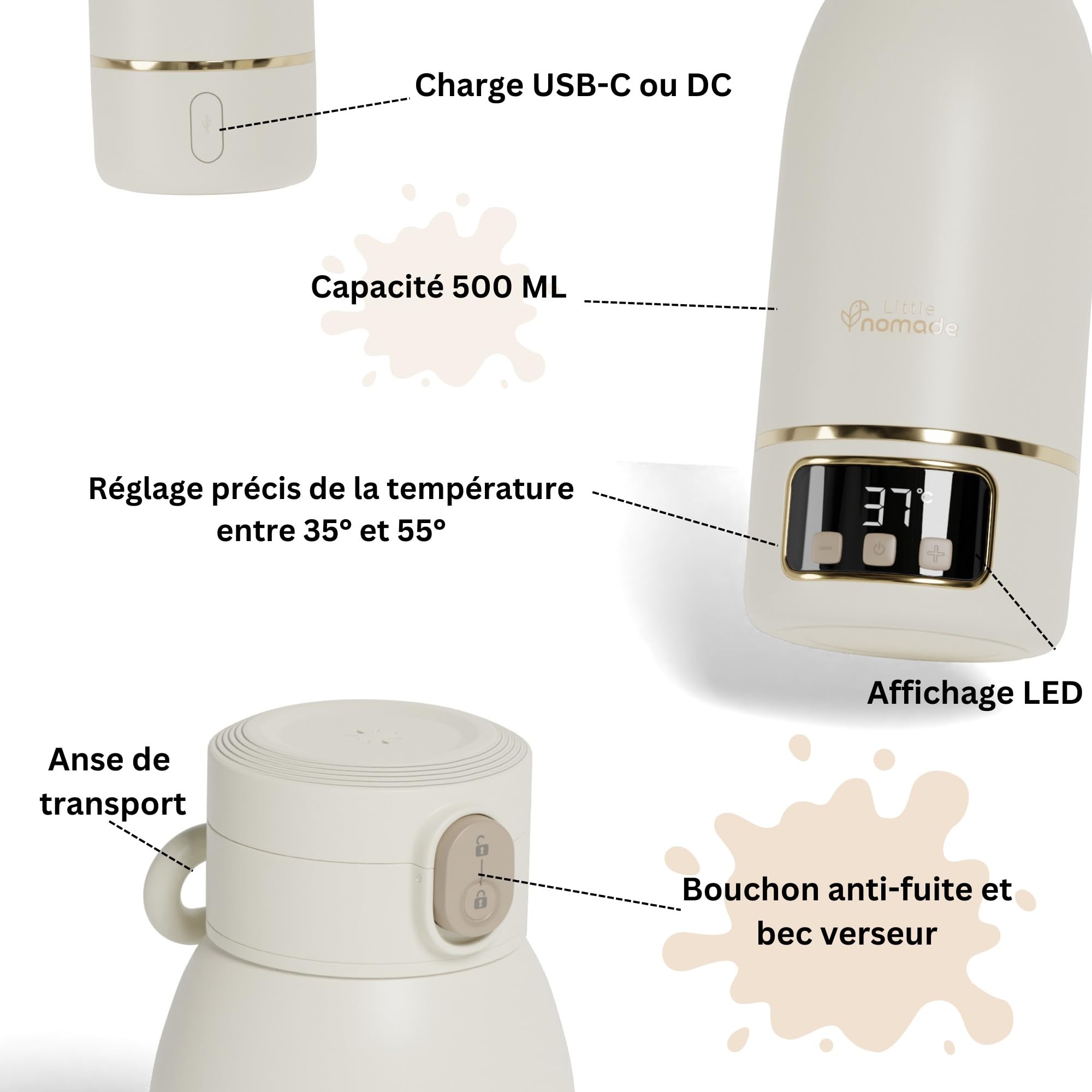 Chauffe Biberon Portable/Voiture/Voyage, 500ml, Universel, Sans Fil, Température Précise,Autonomie 24h, Rechargeable USB, Lait Maternel, Chauffe 3min, Charge 2h,