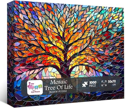 Image of iDream 1000 Pieces Jigsaw Puzzle - Artistic 3D Design, Colorful Wall Decor, Challenging Puzzle Gift for Friends & Family (Stained Glass - Tree of Life)