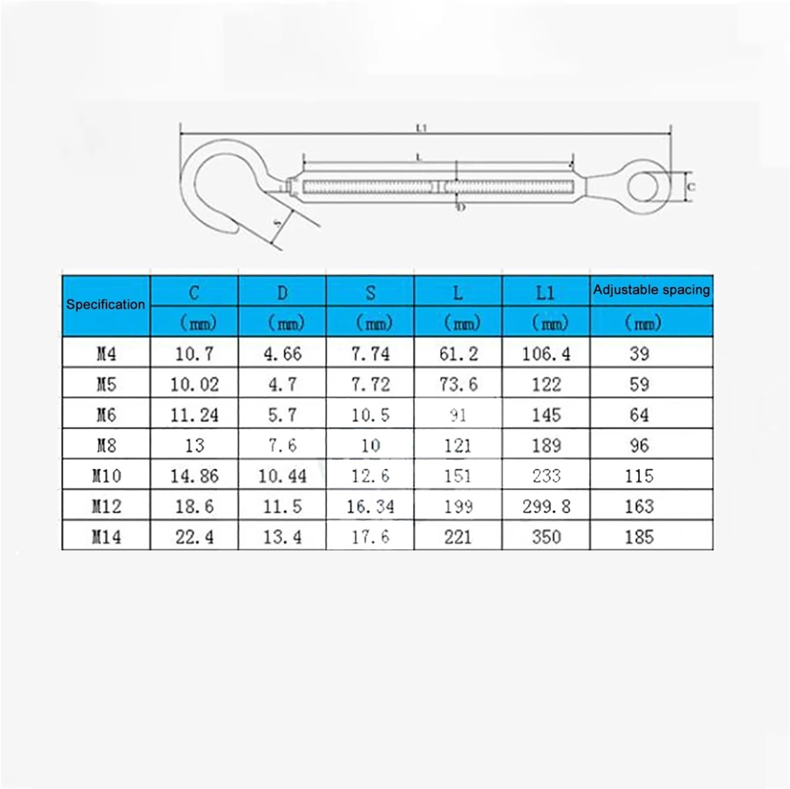 10 pz M4 M5 M6 M8 M10 M12 M14 Tenditore for tensione della fune metallica con gancio e occhiello in acciaio inossidabile 304 per Recinzioni e Supportos Piantes(M8)