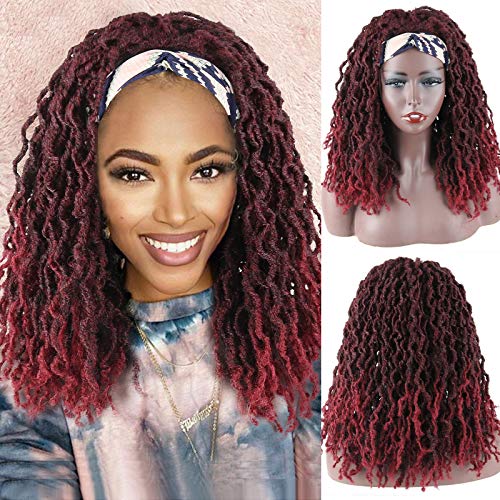 LEOSA Headband Dreadlock Wigs Black Burgundy Headband Wig Synthetic Ombre Curly Braided Twist Wigs for Black Women Faux Locs Crochet Hair Dreadlock Wigs with Headband