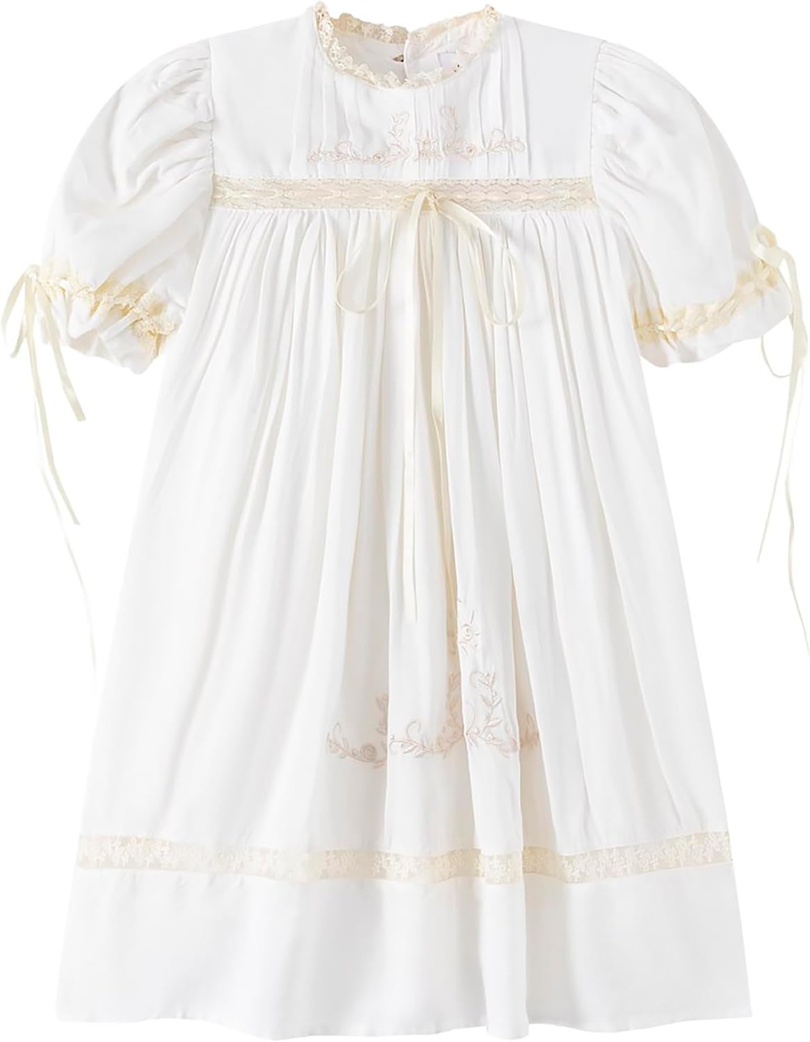 Girl Dress, Embroidered Floral Heirloom, Lace Crew Collar, Puff Sleeve, Cotton Kids Casual Clothing