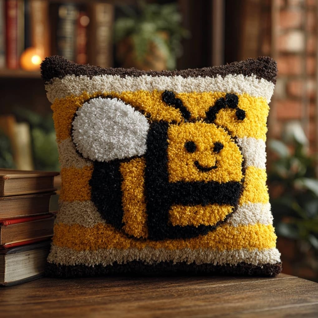 AxiangziK Latch Hook Pillow Kit for Adults,Bee 43X43Cm Handmade Embroidery Kits,Cross Stitch Sofa Cushion Cover with Crochet Yarn for Beginners and Home Decor