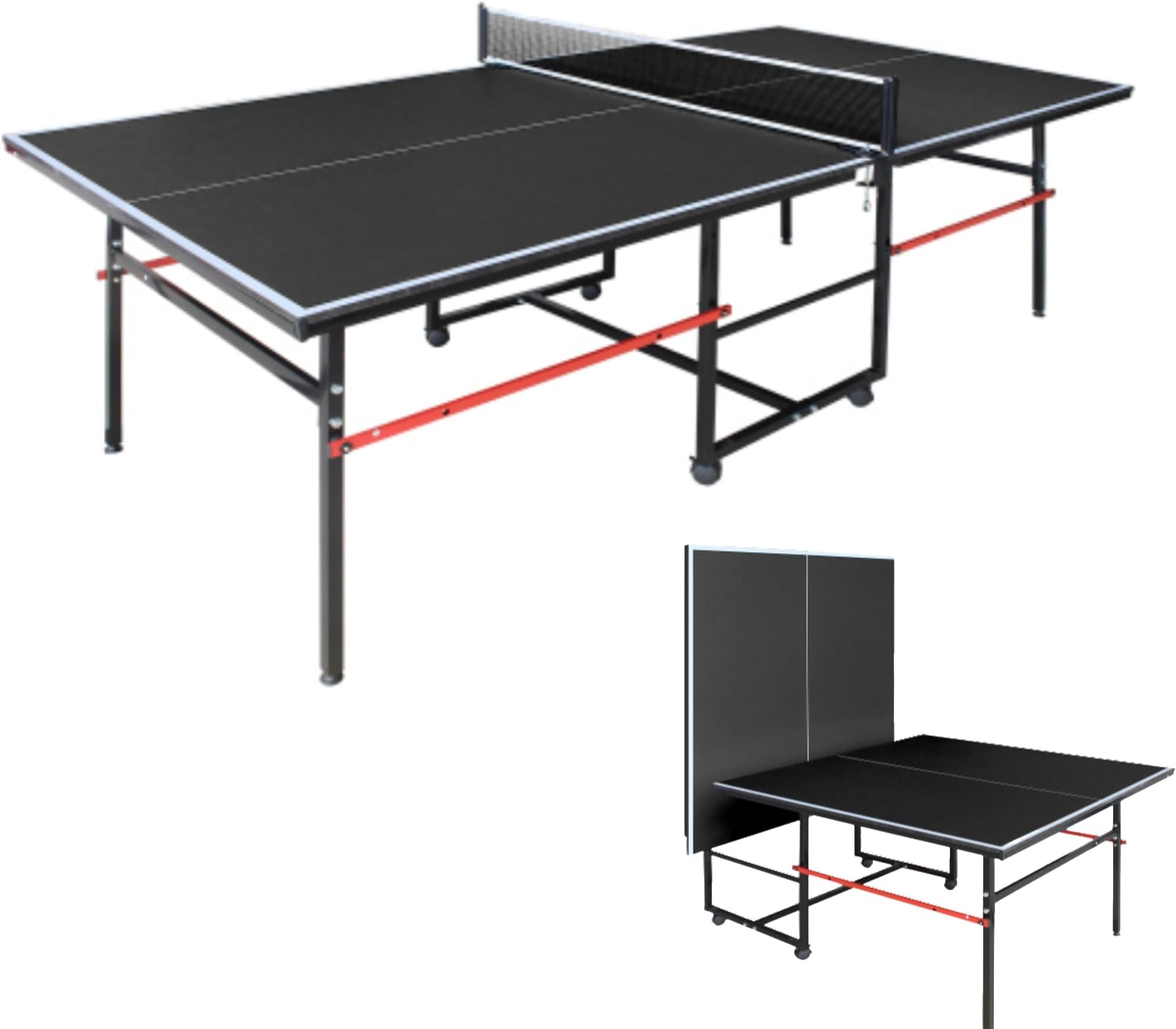 8ft Foldable Ping Pong Table Set, Mid-Size Portable Table Tennis Table with Net, Paddles & Balls, Indoor Outdoor Game Table for Home, Office, and Playroom,Black