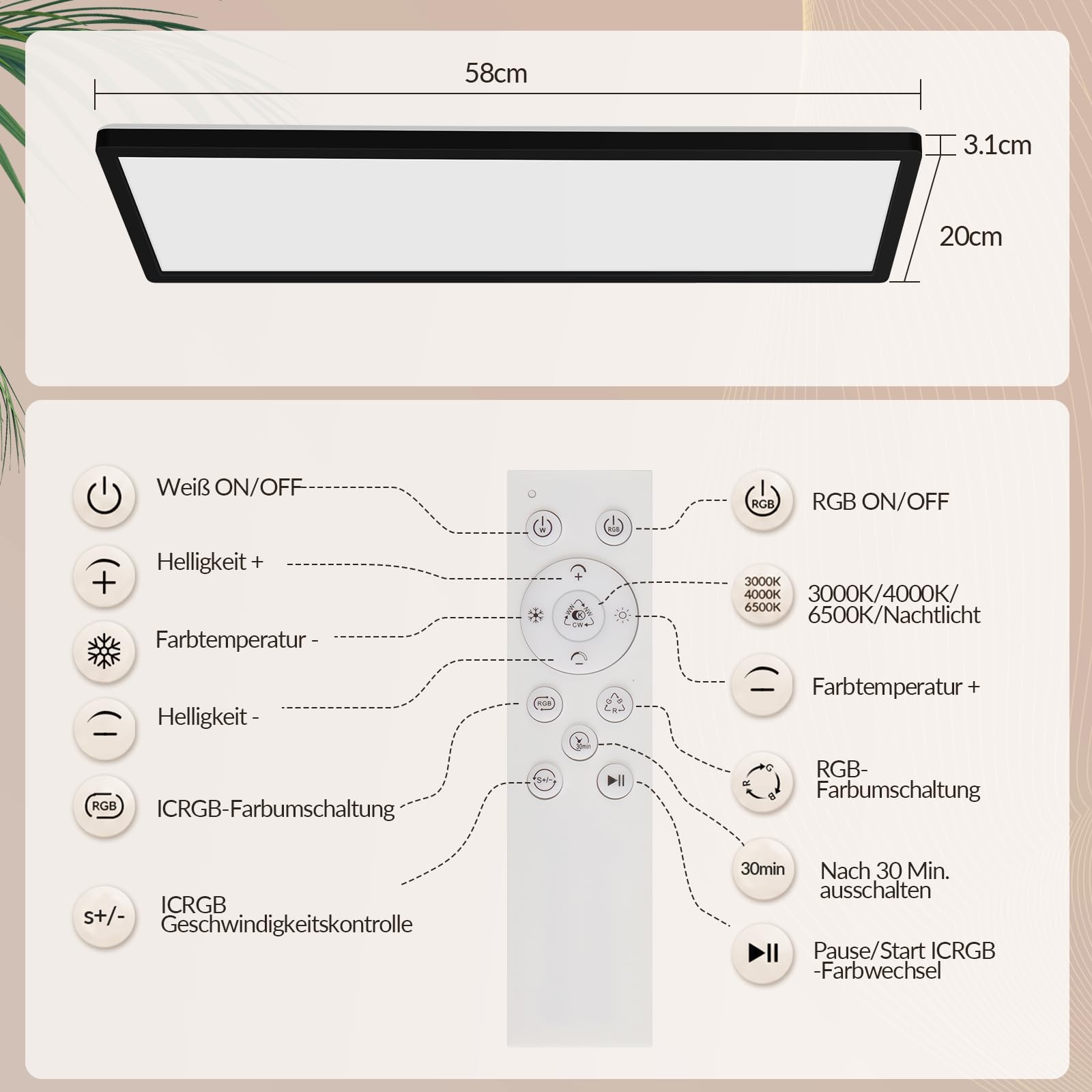 CBJKTX Lampa sufitowa LED z pilotem zdalnego sterowania 58 x 20 cm, panel