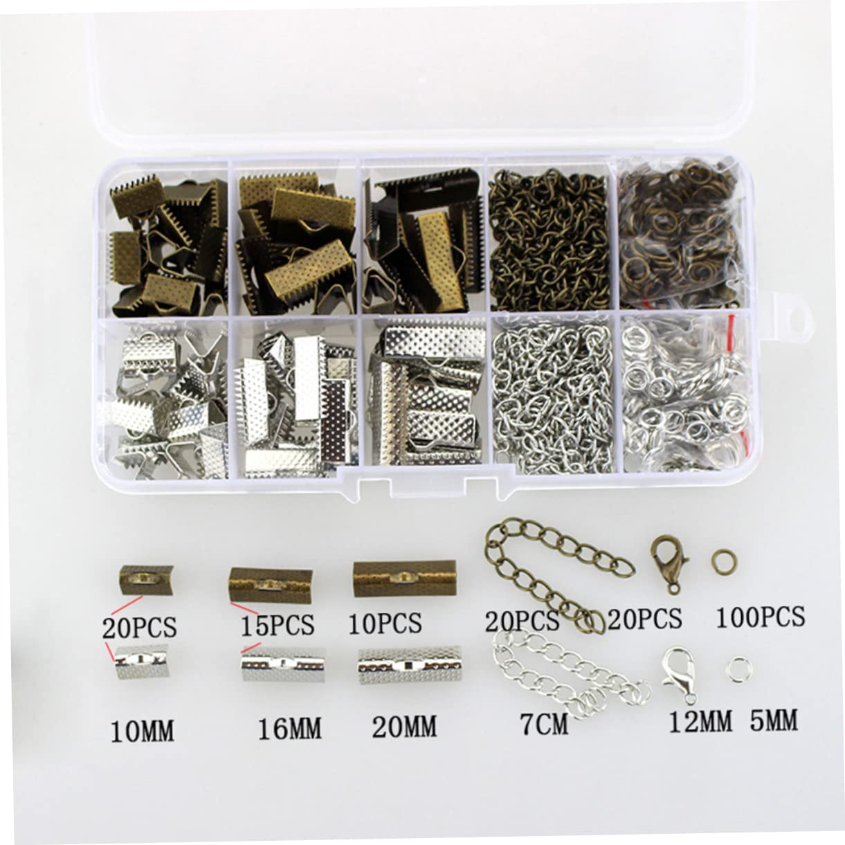Lurrose 1110pezzi Chiusure Moschettone e Crimpare Per Braccialetti Antico Bronzo e Bianco k Accessori Per Fai Da Te Crimp End Clamps Per Collane e Bracciali Materiale Per Gioielli
