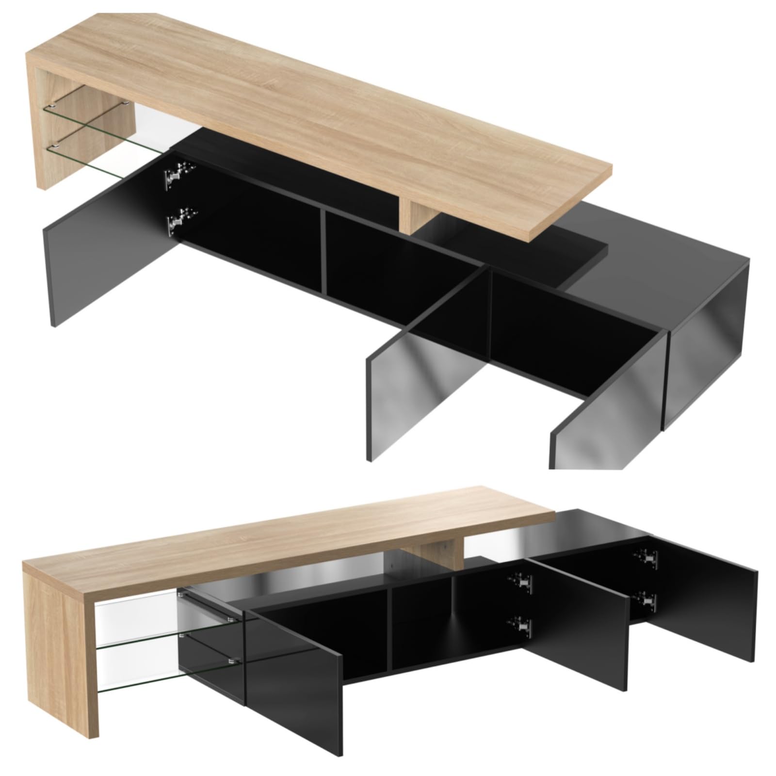 KOMHTOM Meuble TV blanc/noir avec LED, buffet avec 3 portes et 2 plateaux en verre, meuble multifonctionnel pour salon et chambre (Noir)