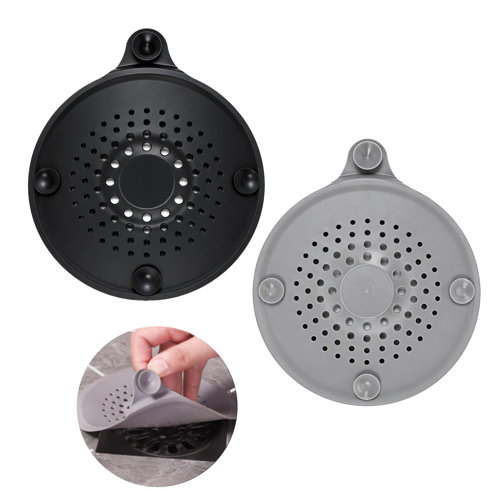 Kemay 2 Pack Silicone Drain Protector with Suction Cups, Shower Hair Catcher for Drain, Anti-Clogging Sink Strainer for Bathroom, Kitchen, Bathtub, Laundry - Grey and Black