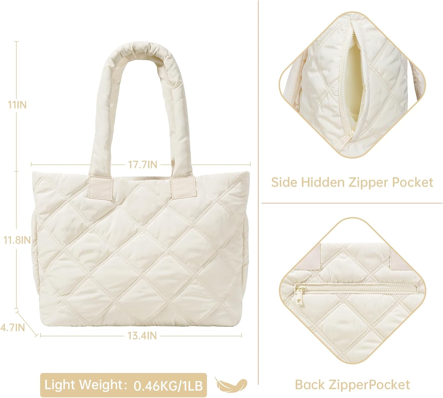 Puffer Tote Bag for Women, Quilted Bag with Zipper, Small Tote HandBags for Work, Travel - Image 5