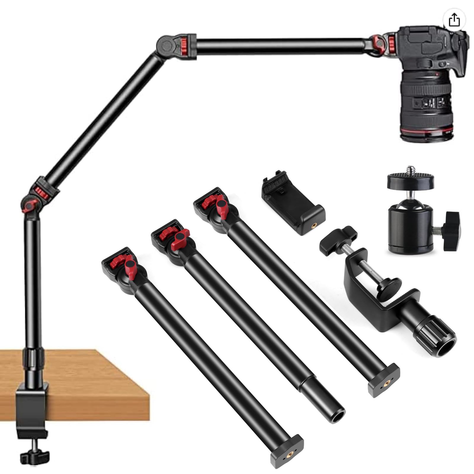 ZYTSHOP Overhead Camera Mount Desk Stand, 3-Section Flexible Detachable Articulating Arm with 1/4“ 3/8" 5/8" Screw&360° Ball Head, C-clamp Tabletop Mount for DSLR Camera/Webcam/Microphone/Lights