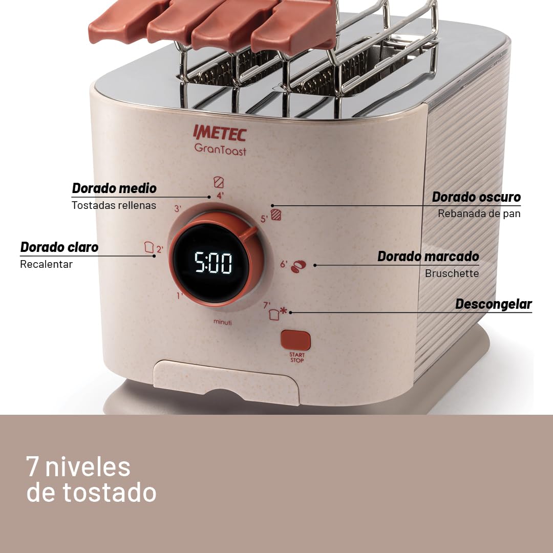 Imetec Grantoast - Tostadora XL de 2 rebanadas con pinzas deslizantes para tostadas rellenas - 7 niveles de dorado, fácil limpieza, pantalla LED, plancha para calentar, temporizador digital