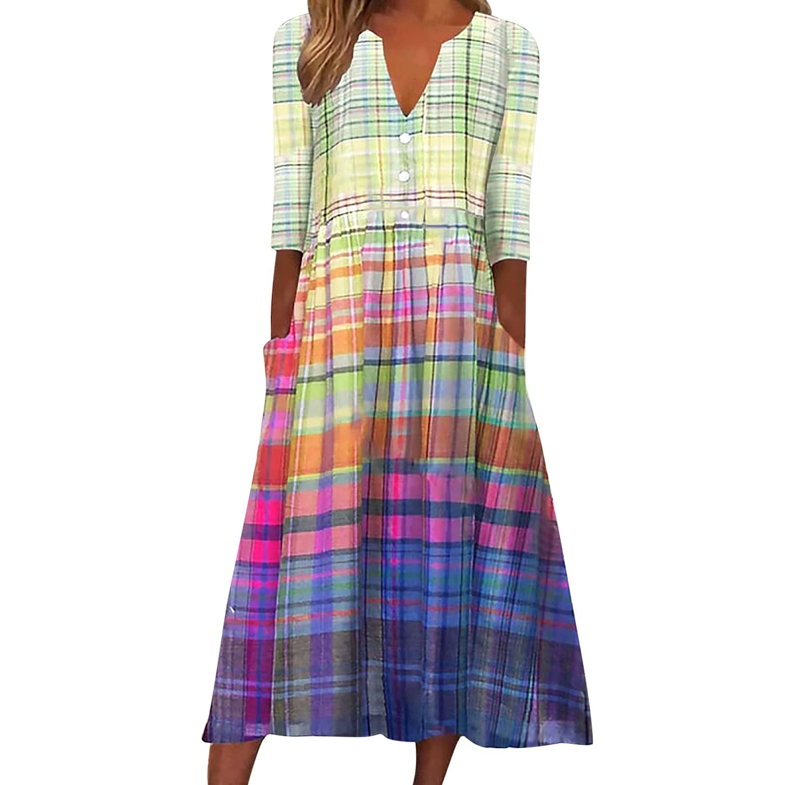 VEMOW Mujer Casual Verano Botón Cuello en V Manga Corta Bolsillo Vestido Largo Vestido de Vacaciones Floral Sundress Midi Dress Vestido Elegantes Mujer Negros
