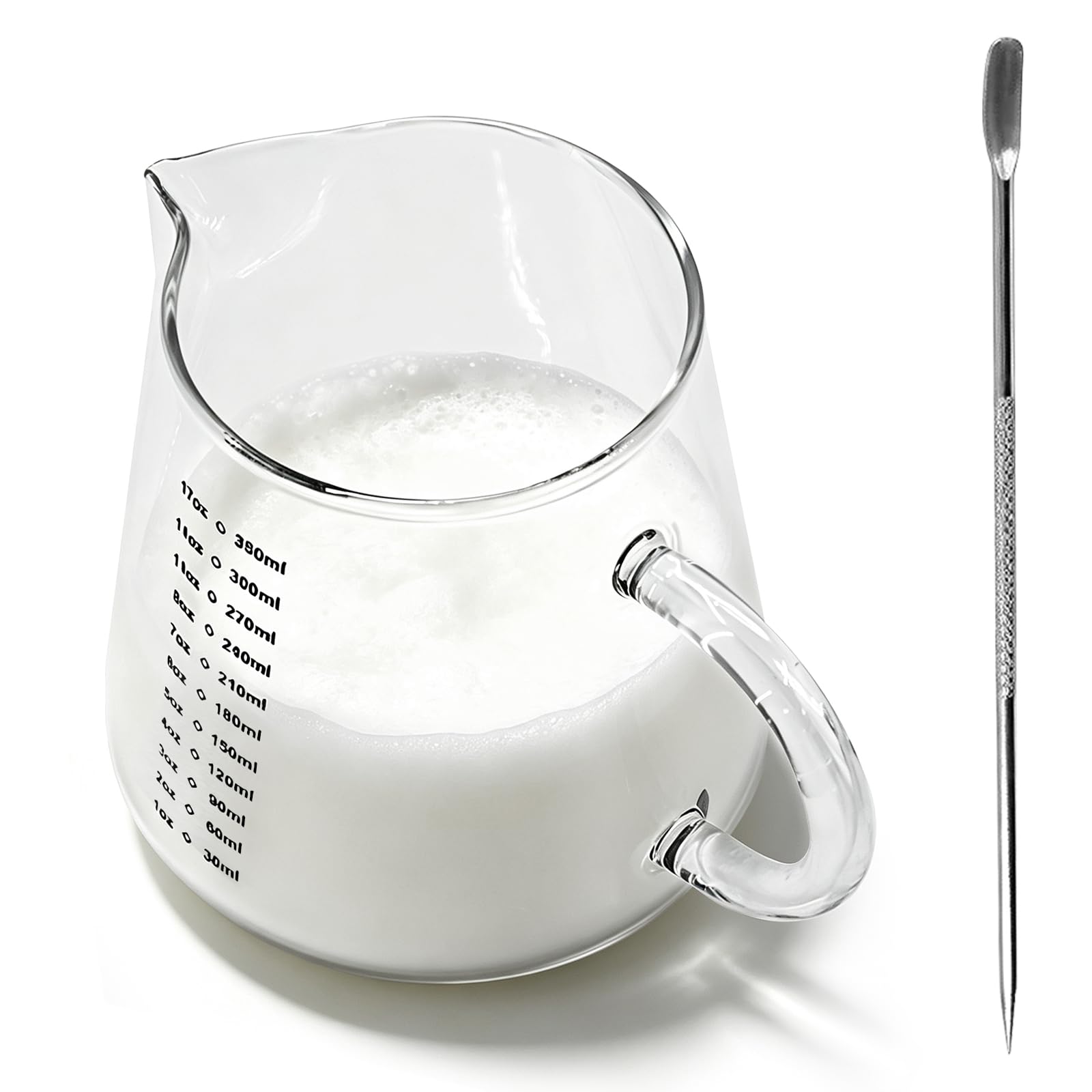 Glass Milk Jug 12oz/350ml with Handle – Milk Frothing Pitcher for Espresso Machine, Barista Milk Jug with Latte Art Pen, Small Measuring Jug for Coffee Accessories, Heat-Resistant Glass Milk Bottle
