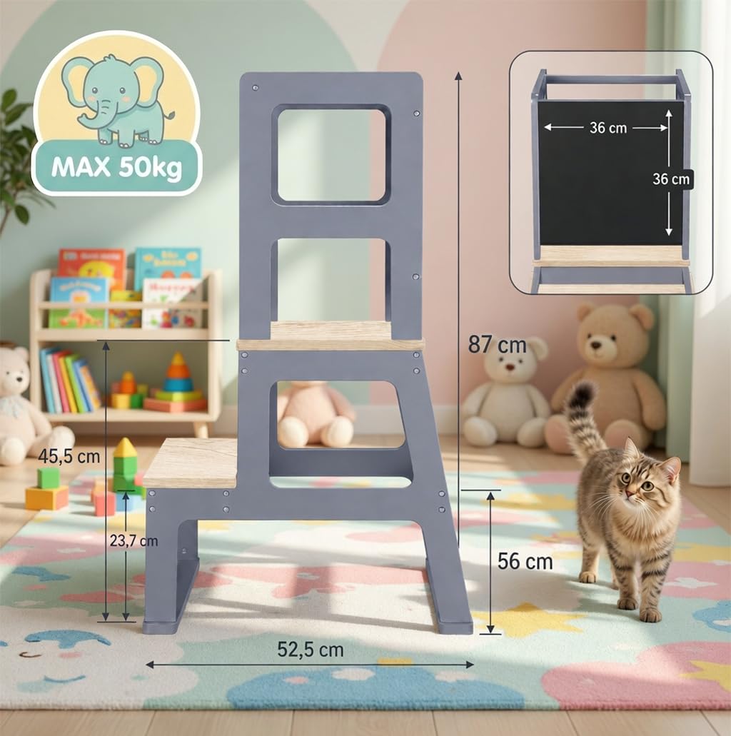 Baby Vivo Lernturm aus Holz - Tower Küche Kindermöbel Learning Tower - Schemel Lerntower für Kinder ab dem Stehalter - Tritthocker mit Tafel Montessori Küchenhelfer Lernstuhl in Grau