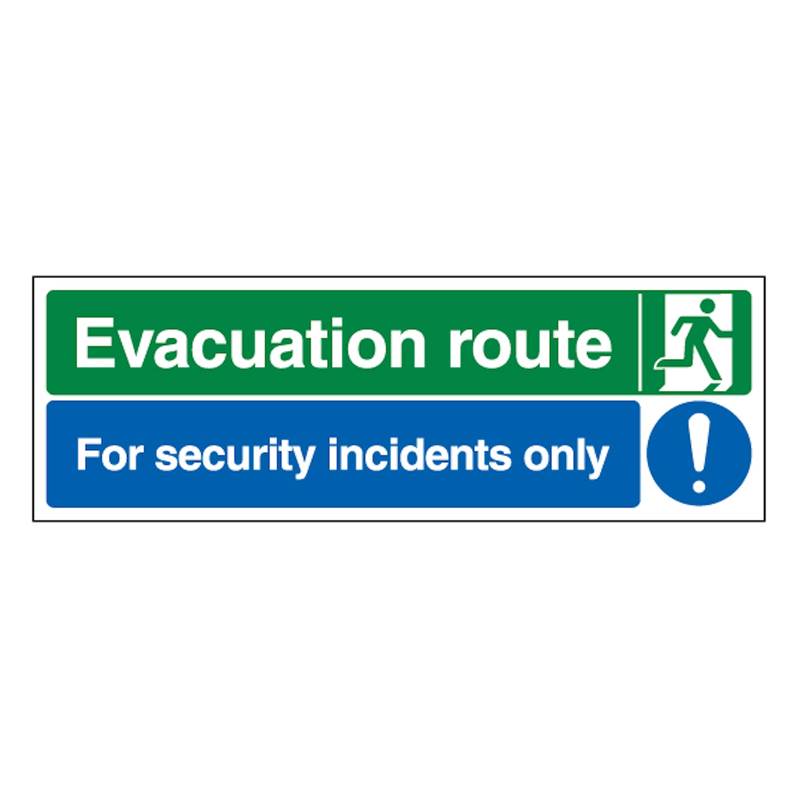 V Safety Evacuation Route Right/Security Incidents Only 450 x 150 mm - Perspex Clear Cast Acrylic Safety Sign