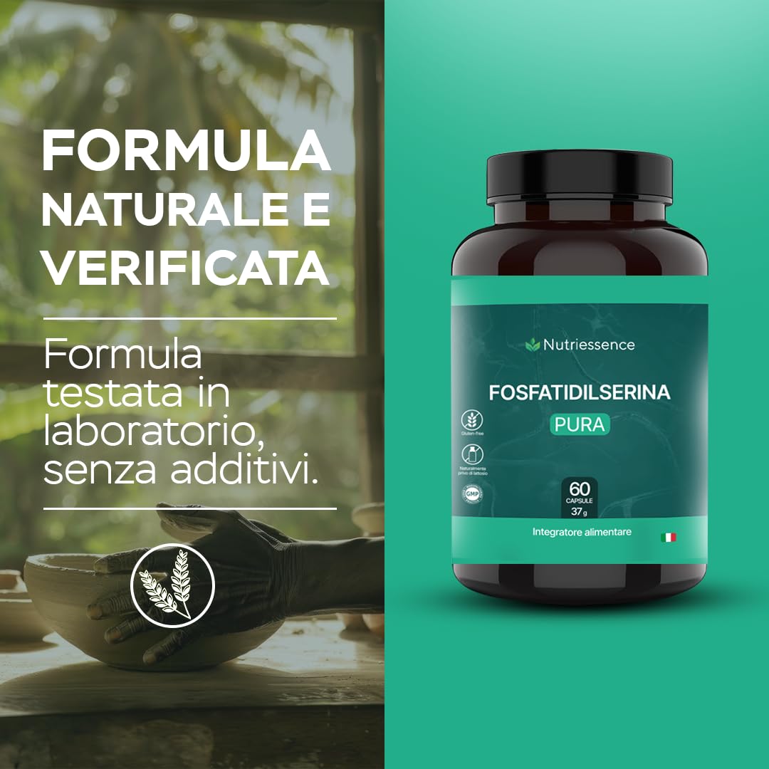 Fosfatidilserina 500 mg | Maxi Dosaggio Formato 60 Capsule | 2 Mesi di Rifornimento | Con Vitamine B1, B3, B9 e B12 | Migliora Memoria, Concentrazione e Focus Mentale |Senza Glutine e Lattosio