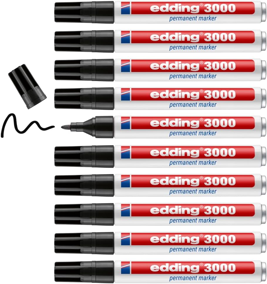 edding 3000 permanent marker - zwart - 10 stiften - ronde punt 1,5-3 mm - sneldrogende permanent marker - water- en wrijfvast - voor karton, kunststof, hout, metaal - universele marker