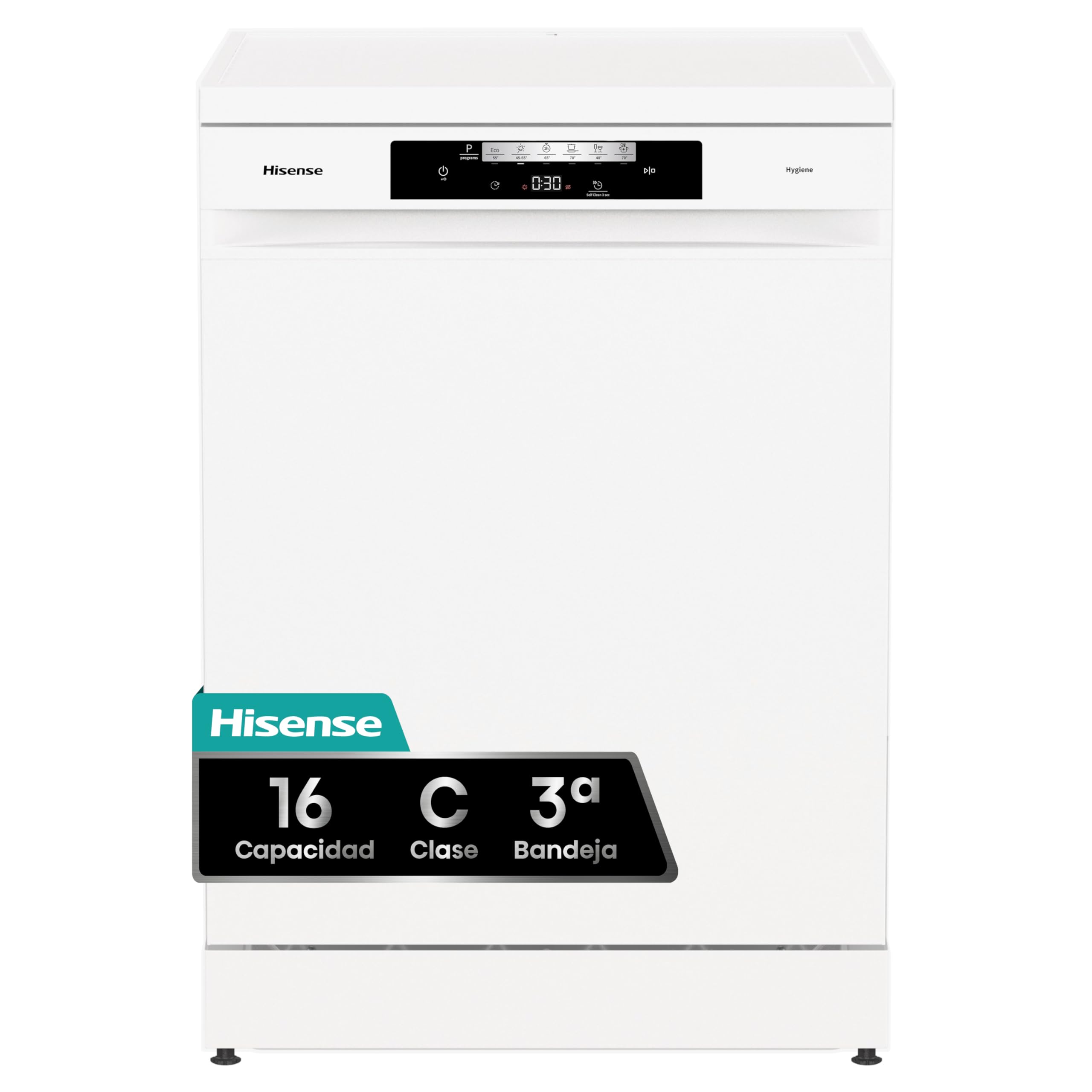 Hisense HS643C90W - Lavavajillas de Libre Instalación, Clase C, Capacidad 16 Servicios, Alto 84.5cm x Ancho 59.9cm, Blanco, Secado Automático, Programas Automáticos, Tercera Bandeja, 15' Lavado Rápido